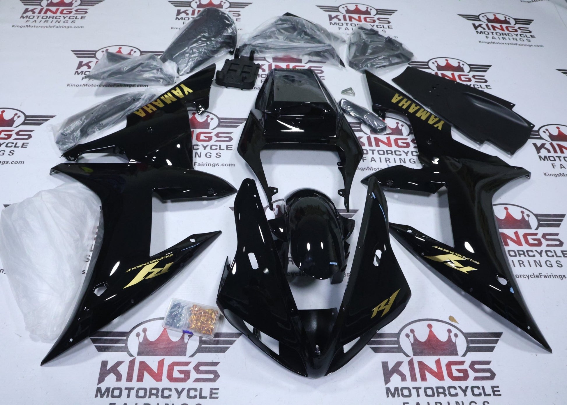 Yamaha YZF-R1 Fairings (2002-2003) Black, Gold Gloss at KingsMotorcycleFairings.com