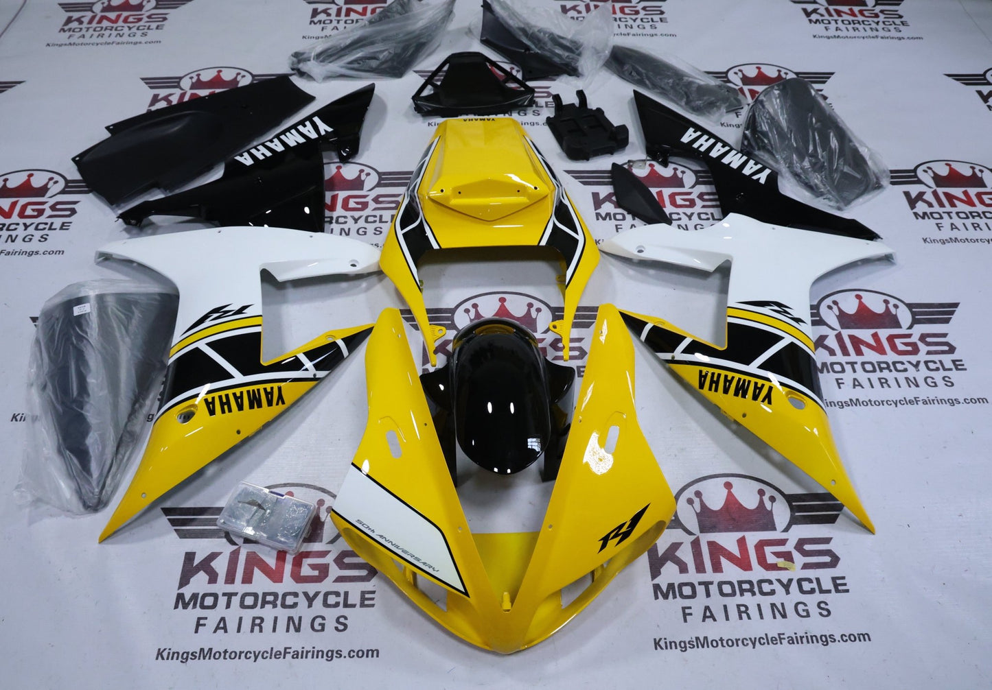 Yamaha YZF-R1 Fairings (2002-2003) Yellow, White, Black Stripe at KingsMotorcycleFairings.com