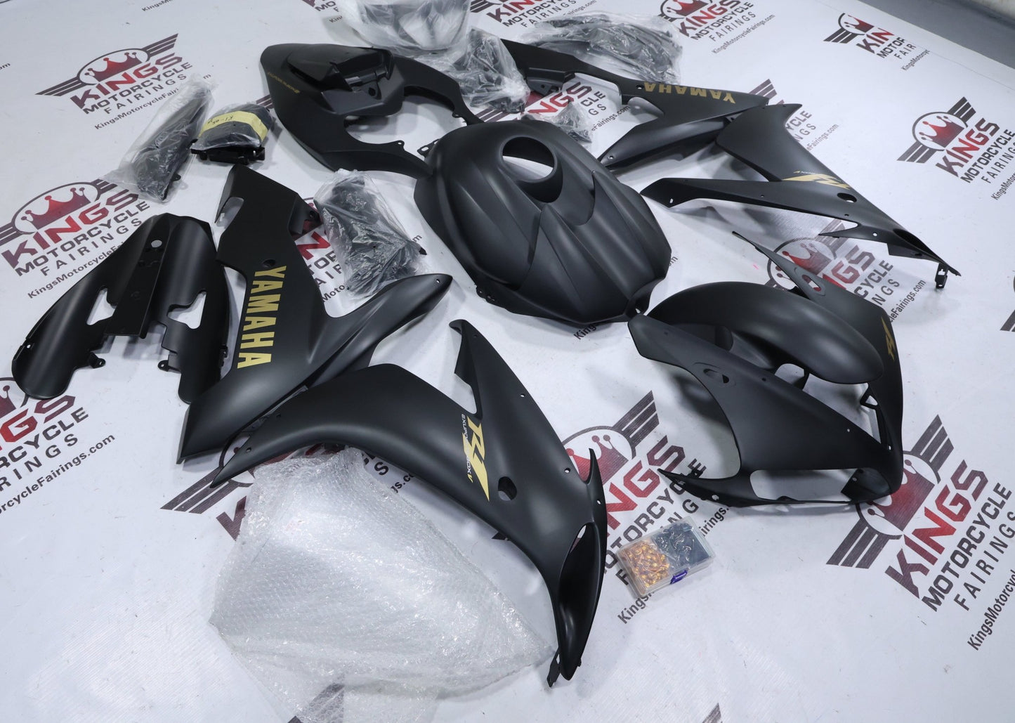 Yamaha YZF-R1 Fairings (2004-2006) Matte Black, Gold from KingsMotorcycleFairings.com