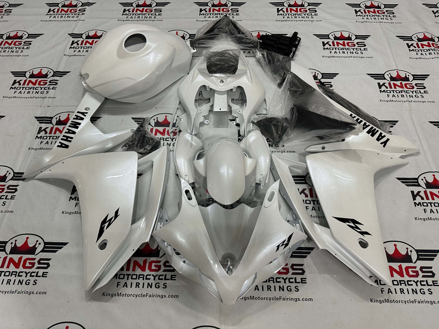 Yamaha YZF-R1 Fairings (2007-2008) Pearlescent White, Black at KingsMotorcycleFairings.com