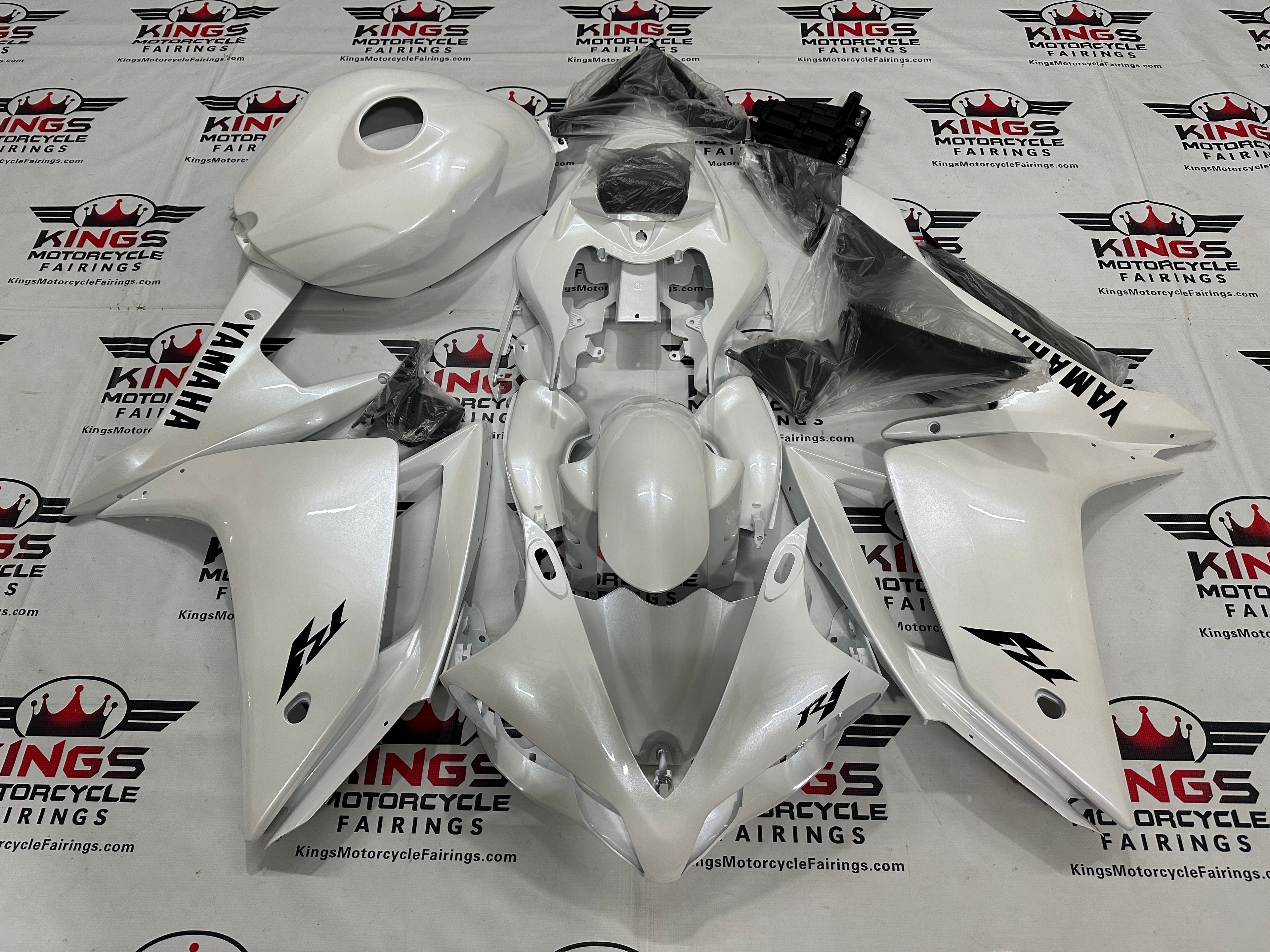 Yamaha YZF-R1 Fairings (2007-2008) Pearlescent White, Black at KingsMotorcycleFairings.com