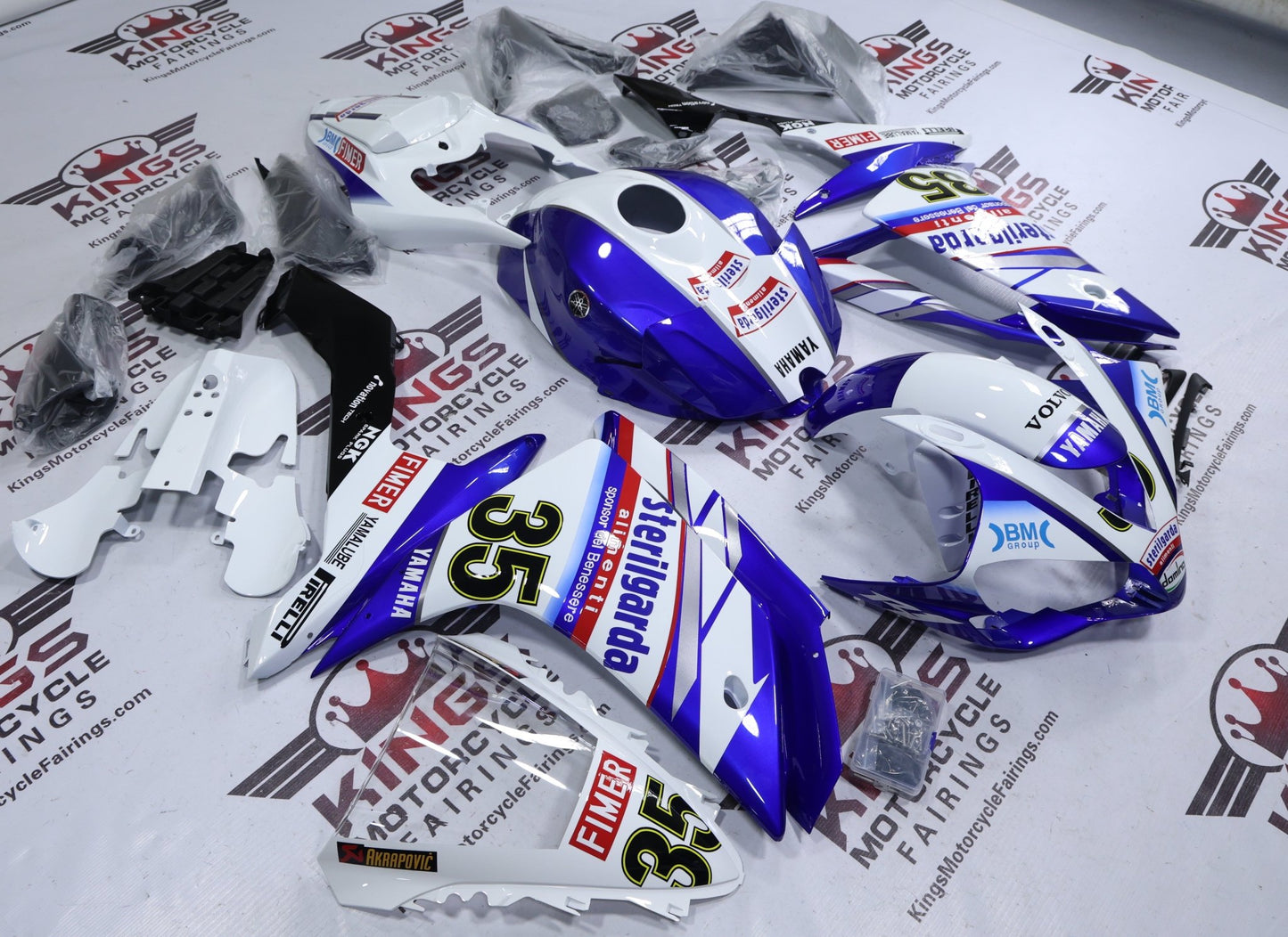Yamaha YZF-R1 Fairings (2007-2008) White, Blue Sterilgarda #35 at KingsMotorcycleFairings.com