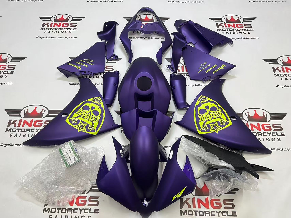 Yamaha YZF-R1 Fairings (2012-2014) Matte Purple, Neon Yellow Skull at KingsMotorcycleFairings.com
