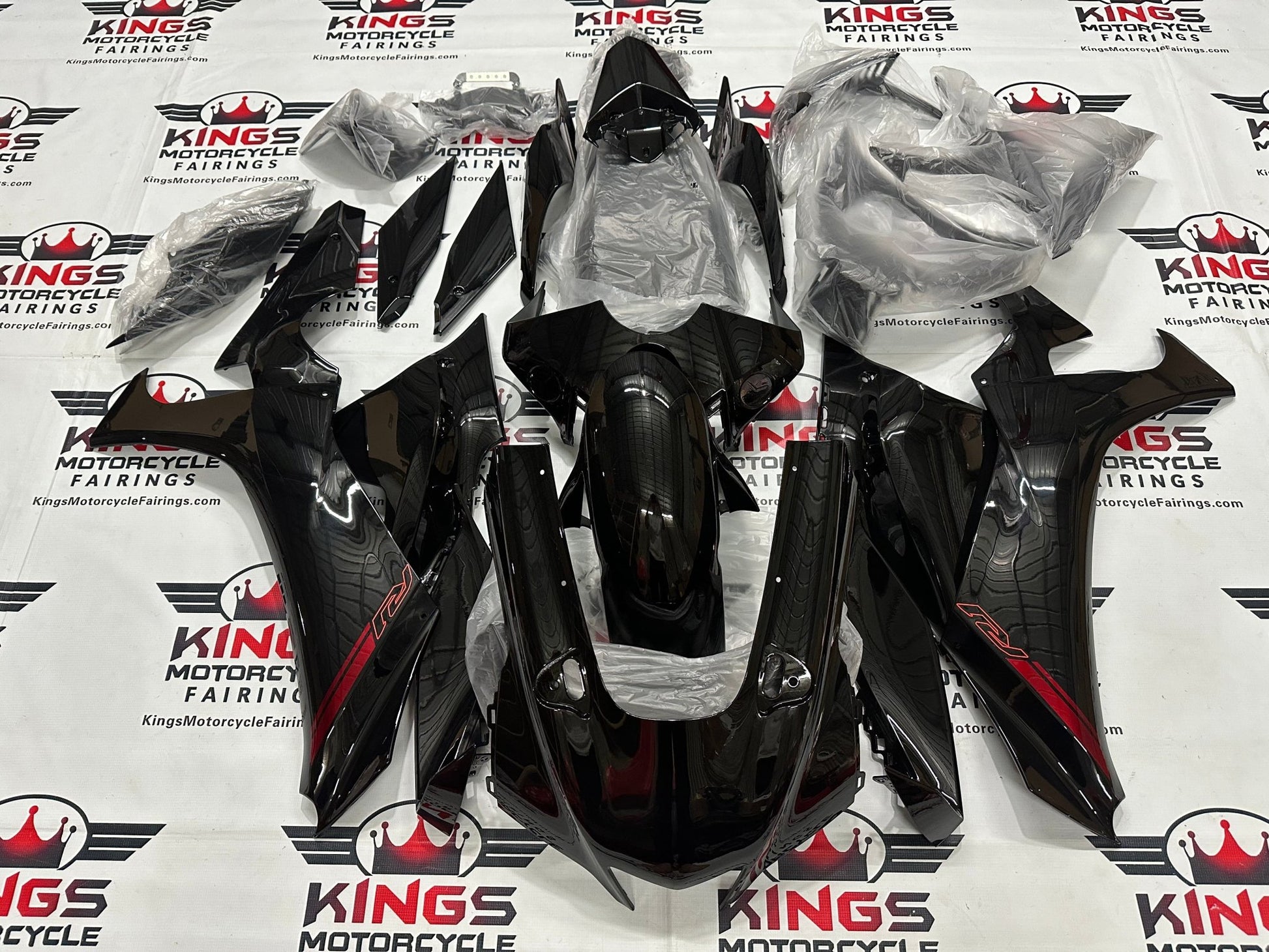 Yamaha YZF-R1 Fairings (2020-2025) Black, Red Stripe at KingsMotorcycleFairings.com