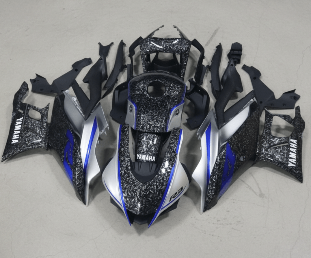 Yamaha YZF-R3 Fairing Kit (2022-2024) Forged Carbon Fiber Style, Silver, Blue, White at KingsMotorcycleFairings.com