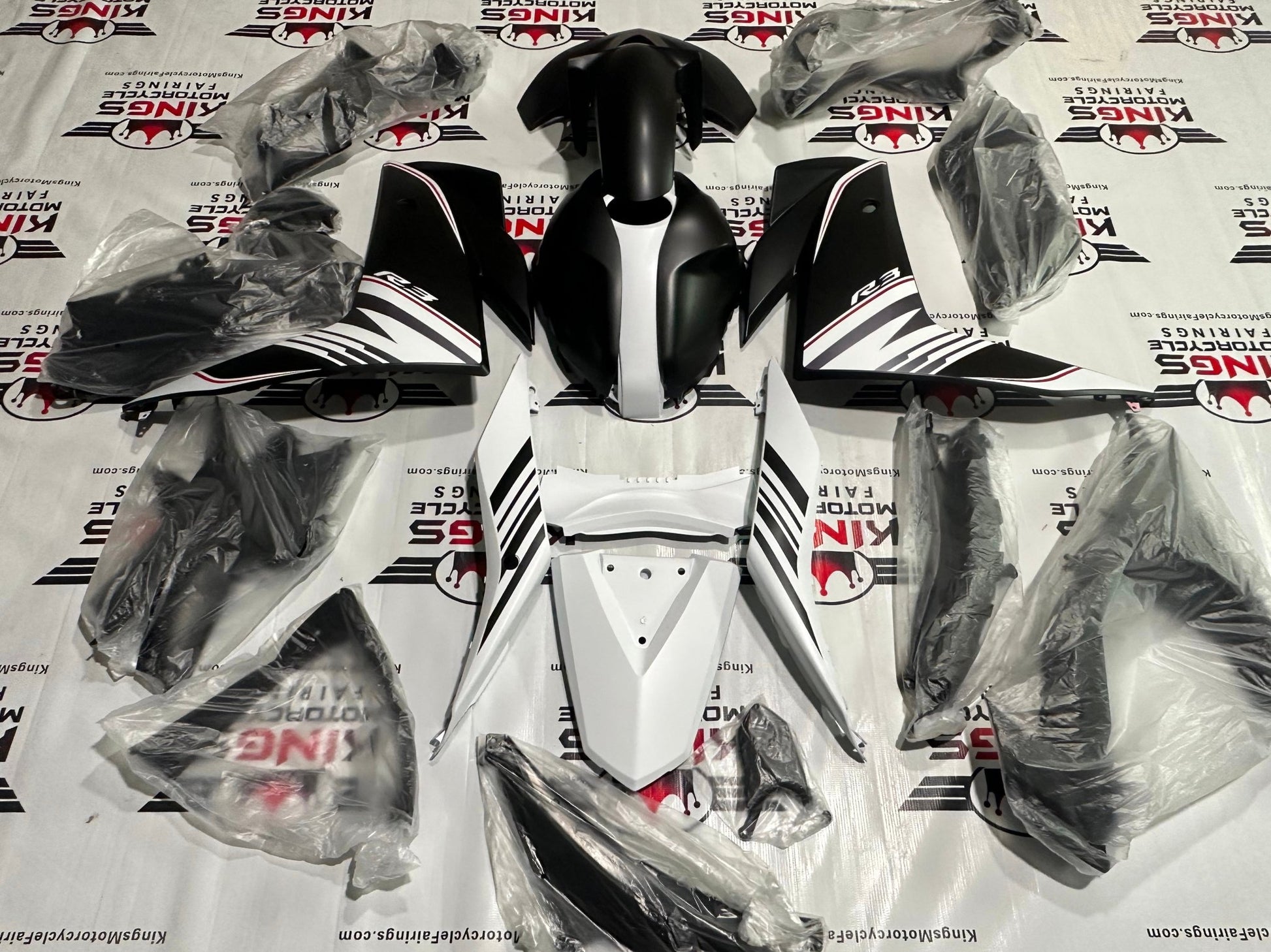 Yamaha R3 Fairings (2015-2018) Matte Black, White at KingsMotorcycleFairings.com