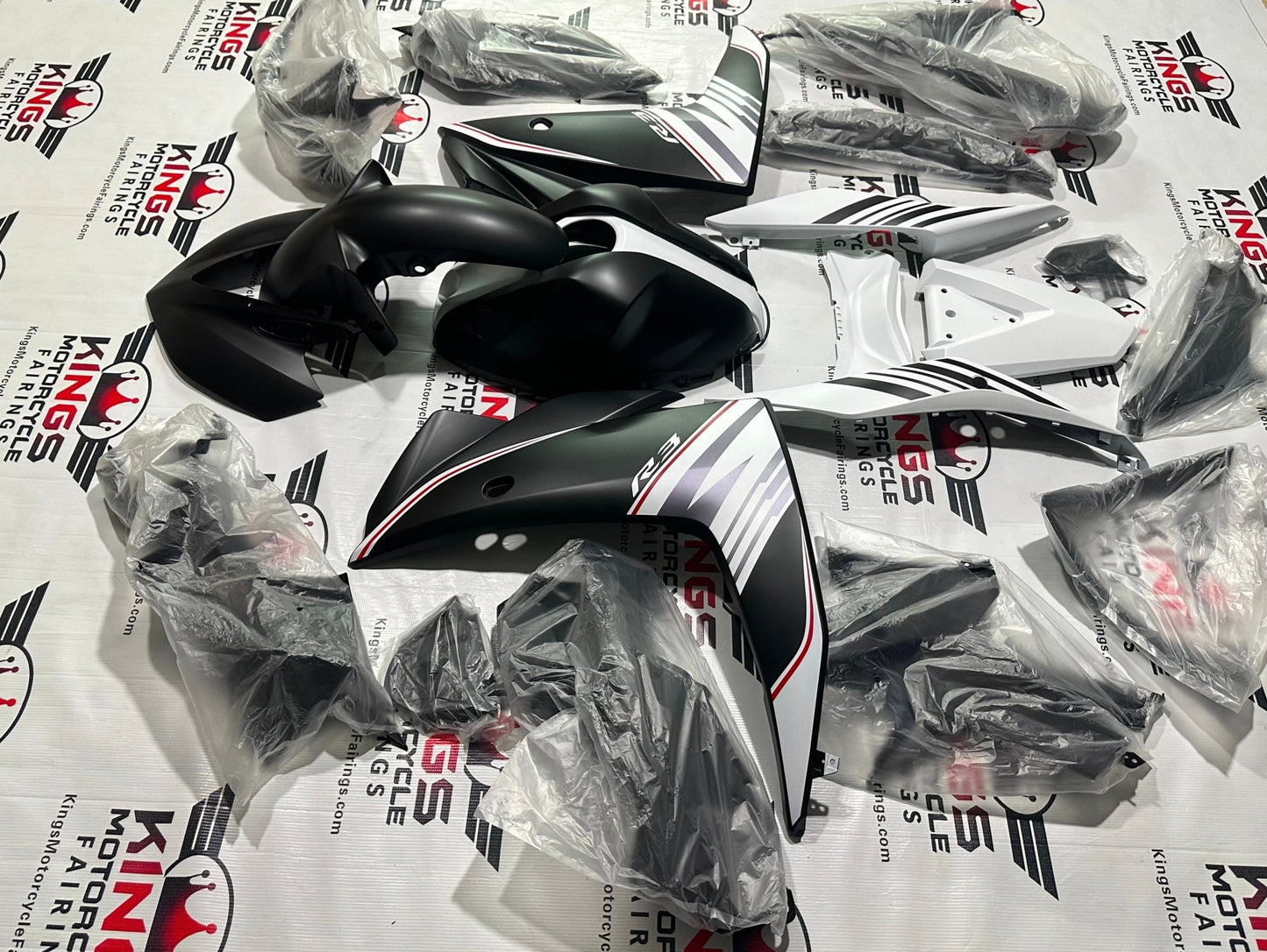 Yamaha R3 Fairing Set (2015-2018) Matte Black, White at KingsMotorcycleFairings.com