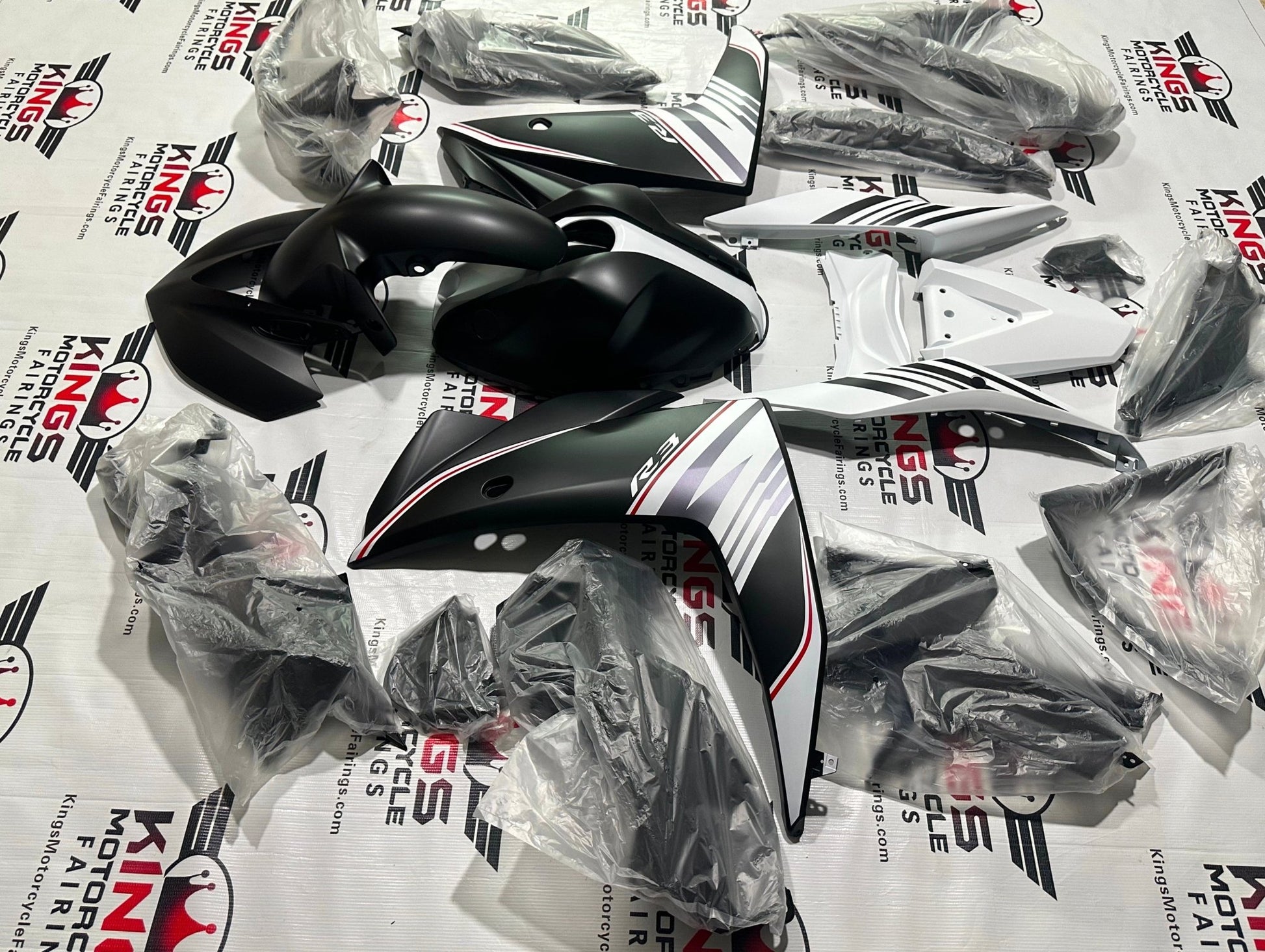 Yamaha R3 Fairing Set (2015-2018) Matte Black, White at KingsMotorcycleFairings.com