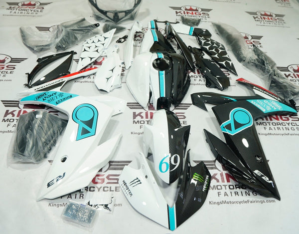 Yamaha YZF-R3 Fairings (2015-2018) White, Faux Carbon Fiber, Blue Petronas Fairings at KingsMotorcycleFairings.com