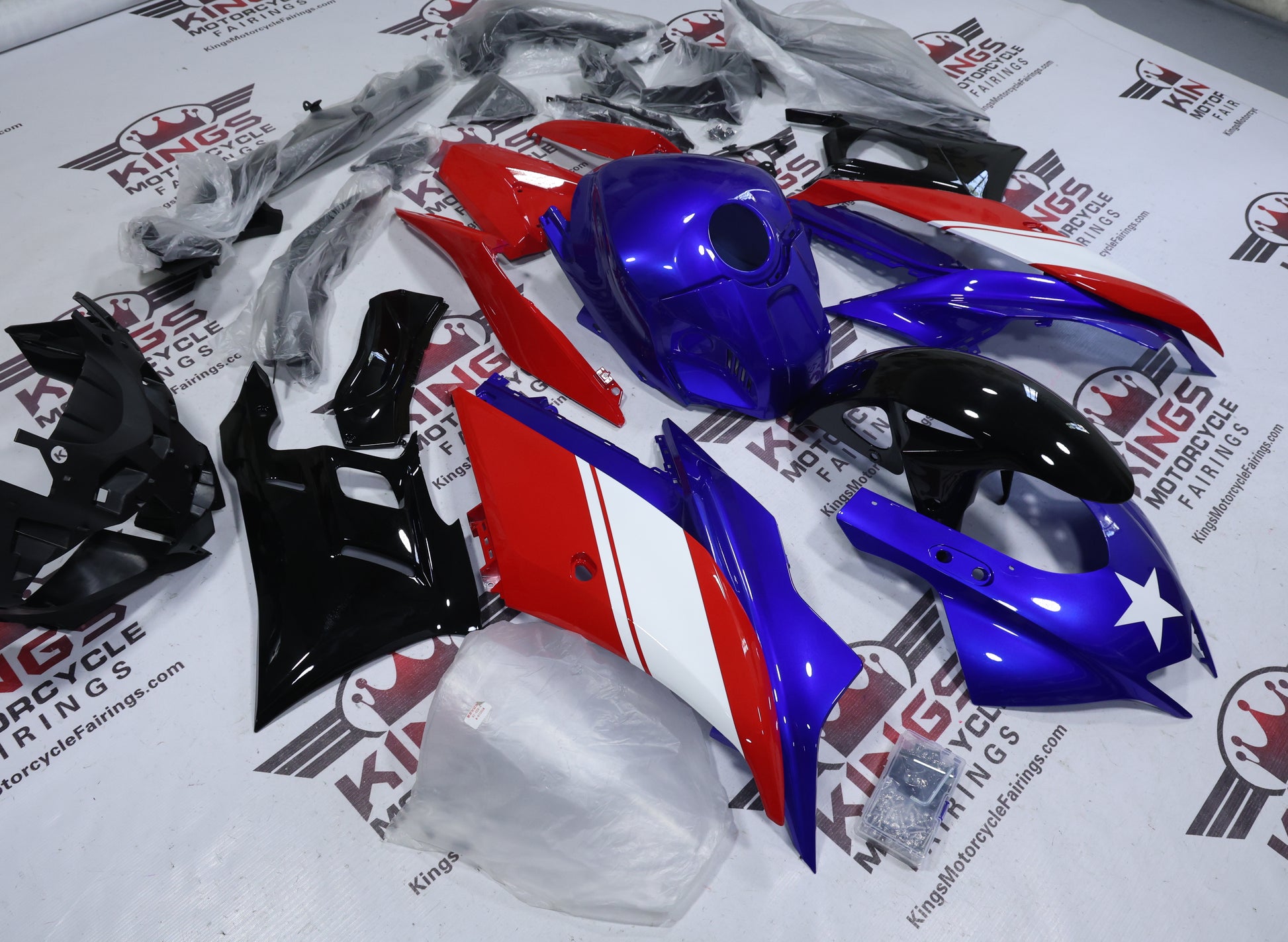 Yamaha YZF-R3 Fairings (2019-2021) Blue, Red, Black, White Star at KingsMotorcycleFairings.com