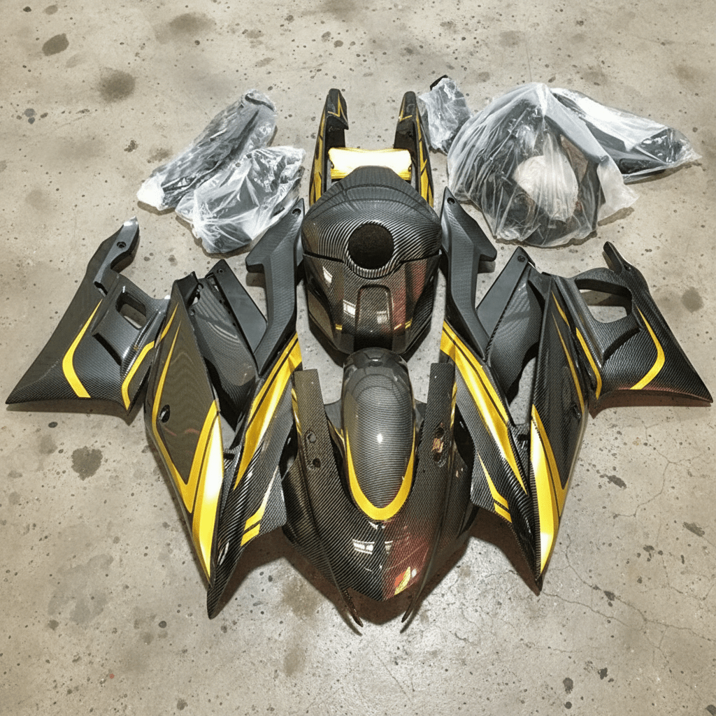 Yamaha YZF-R3 Fairings (2019-2021) Carbon Fiber Style, Gold at KingsMotorcycleFairings.com