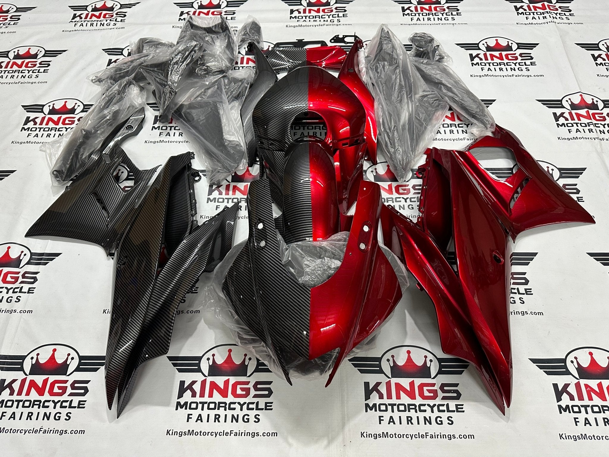 Yamaha YZF-R3 Fairings (2022-2024) Faux Carbon Fiber, Candy Red Split at KingsMotorcycleFairings.com