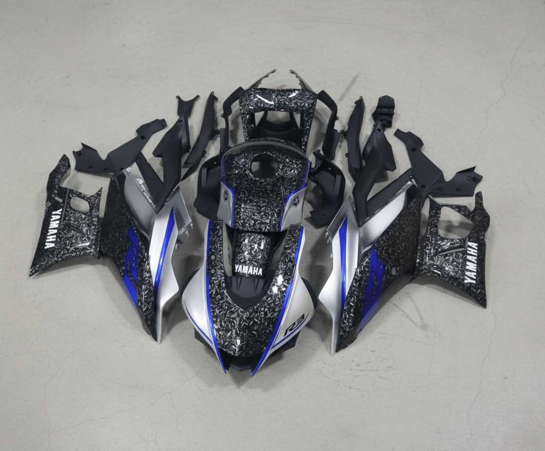 Yamaha YZF-R3 Fairings (2022-2024) Forged Carbon Fiber Style, Silver, Blue, White at KingsMotorcycleFairings.com