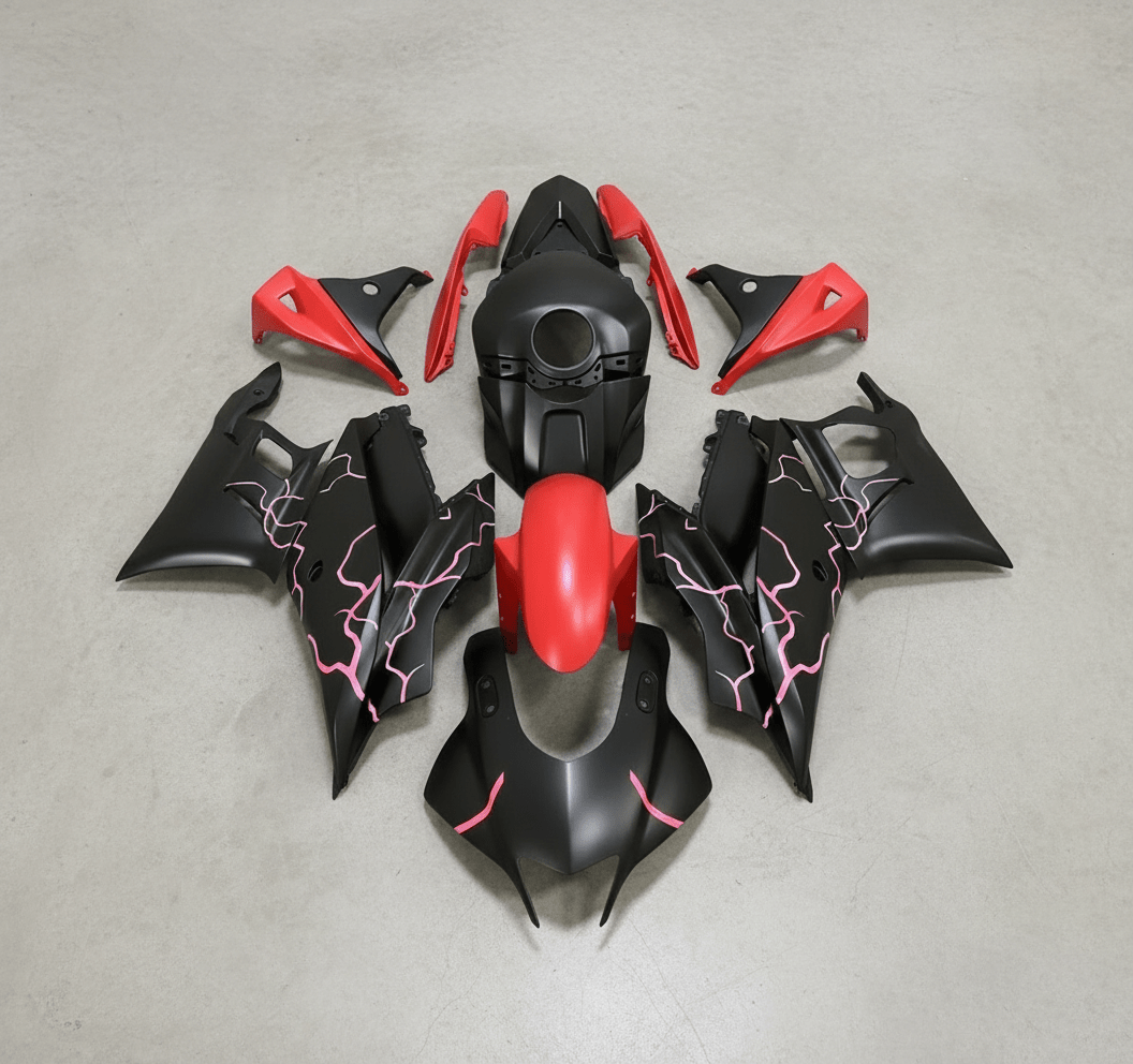 Yamaha YZF-R3 Fairings (2022-2024) Matte Black, Red Lightning at KingsMotorcycleFairings.com