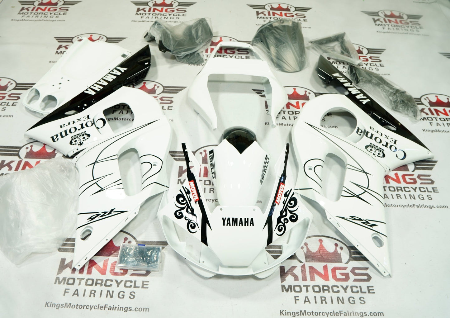 Yamaha YZF-R6 Fairings (1998-2002) White, Black Corona Tribal at KingsMotorcycleFairings.com