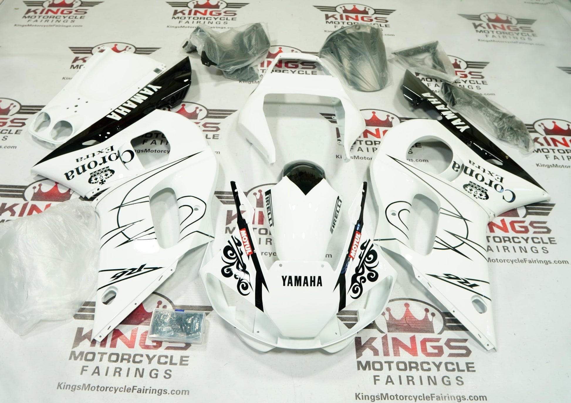 Yamaha YZF-R6 Fairings (1998-2002) White, Black Corona Tribal at KingsMotorcycleFairings.com