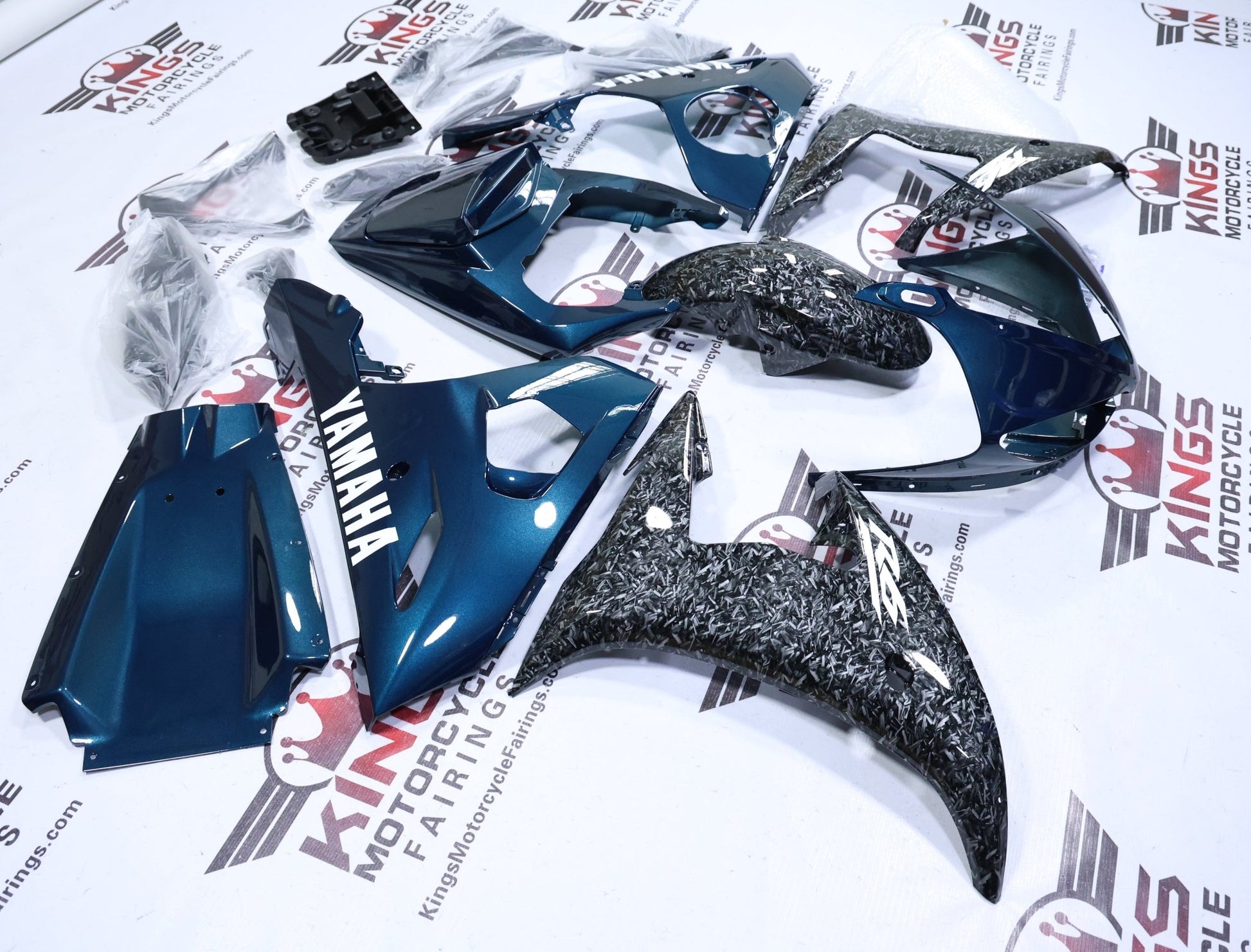 Yamaha YZF-R6 Fairings (2003-2004) Faux Forged Carbon Fiber, Teal Blue at KingsMotorcycleFairings.com