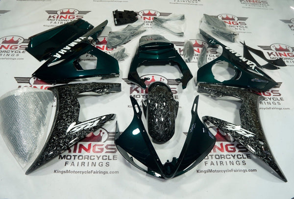 Yamaha YZF-R6 Fairings (2003-2004) Green, Faux Forged Carbon Fiber, White at KingsMotorcycleFairings.com