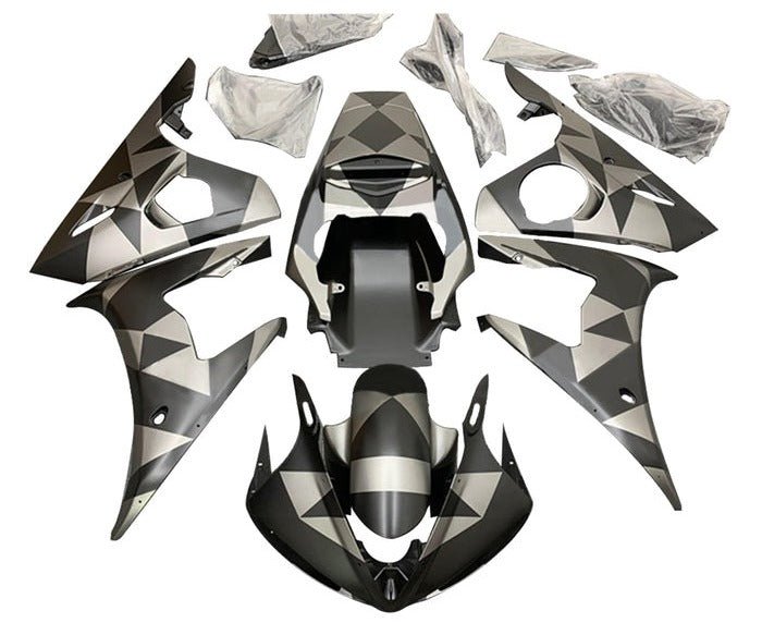 Yamaha R6 Fairings (2003-2004) Matte Black, Silver, Geometric at KingsMotorcycleFairings.com