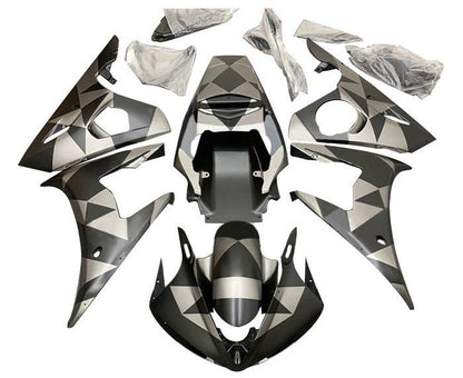 Yamaha R6 Fairings (2003-2004) Matte Black, Silver, Geometric at KingsMotorcycleFairings.com