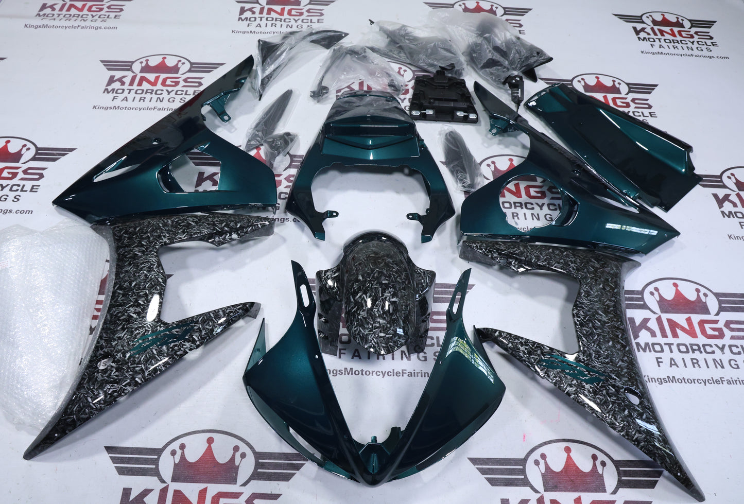 Yamaha YZF-R6 Fairings (2005) Green, Faux Forged Carbon Fiber at KingsMotorcycleFairings.com