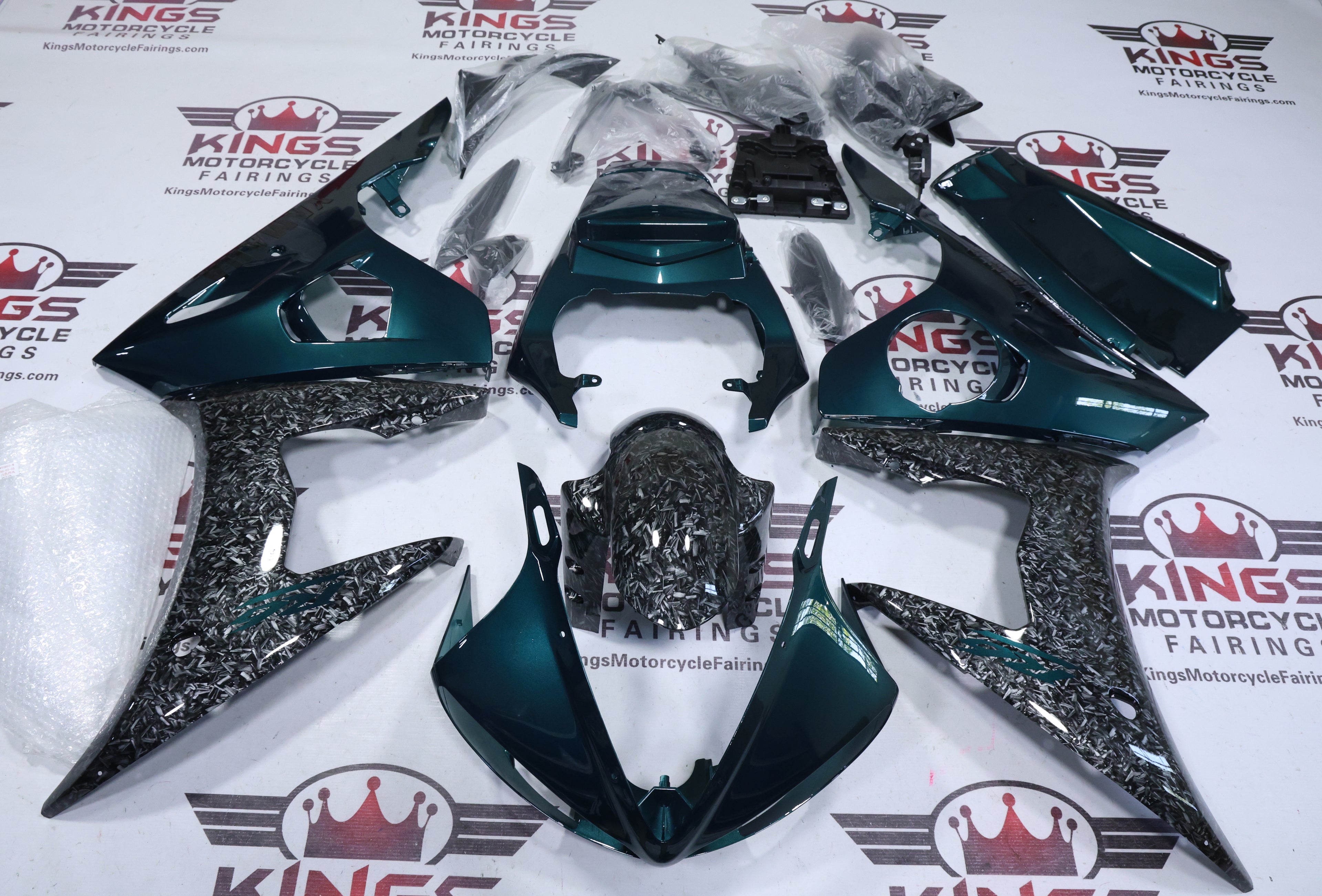 Yamaha YZF-R6 Fairings (2005) Green, Faux Forged Carbon Fiber at KingsMotorcycleFairings.com