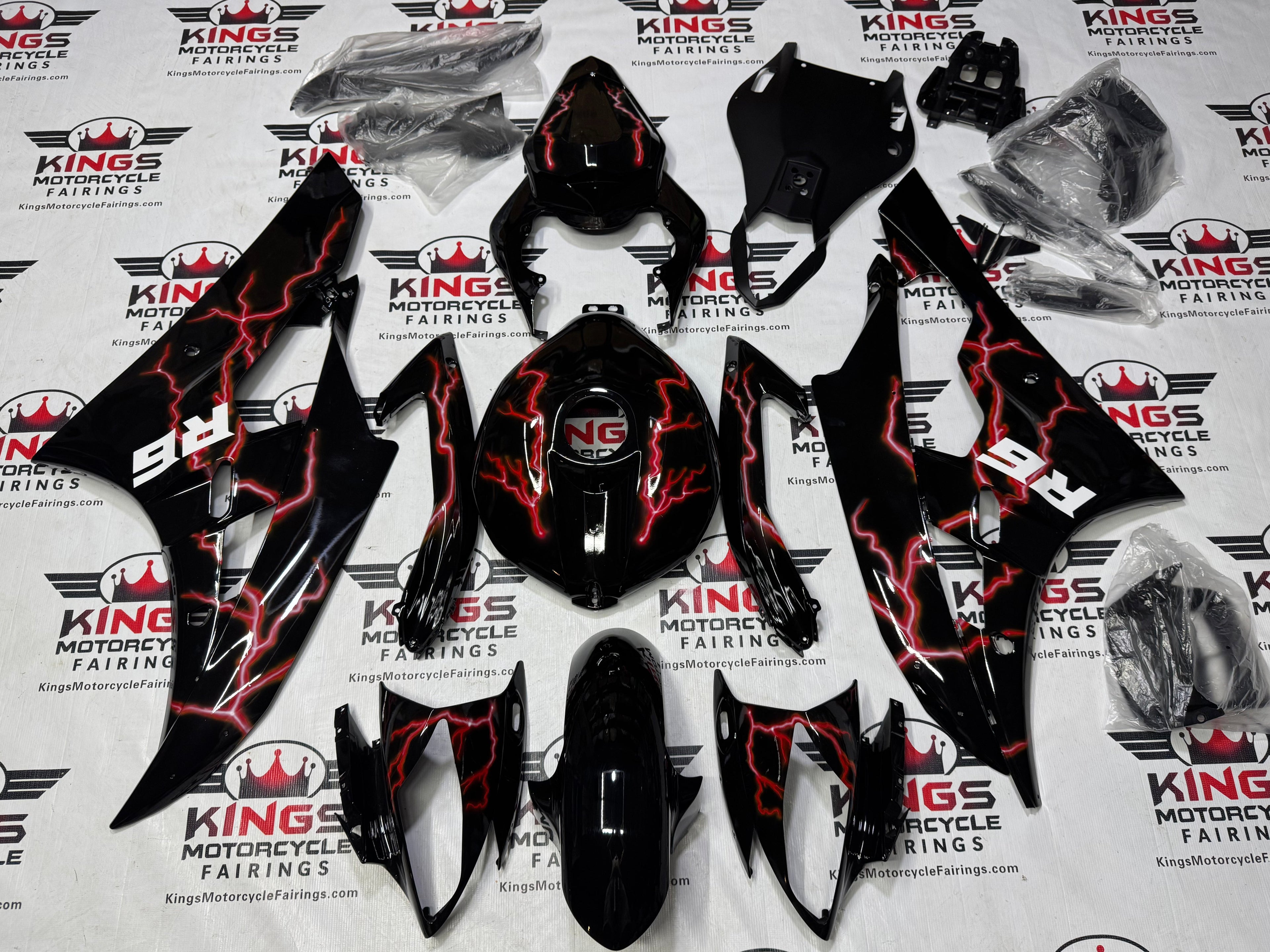 Yamaha YZF-R6 Fairings (2006-2007) Black, Red Lightning at KingsMotorcycleFairings.com