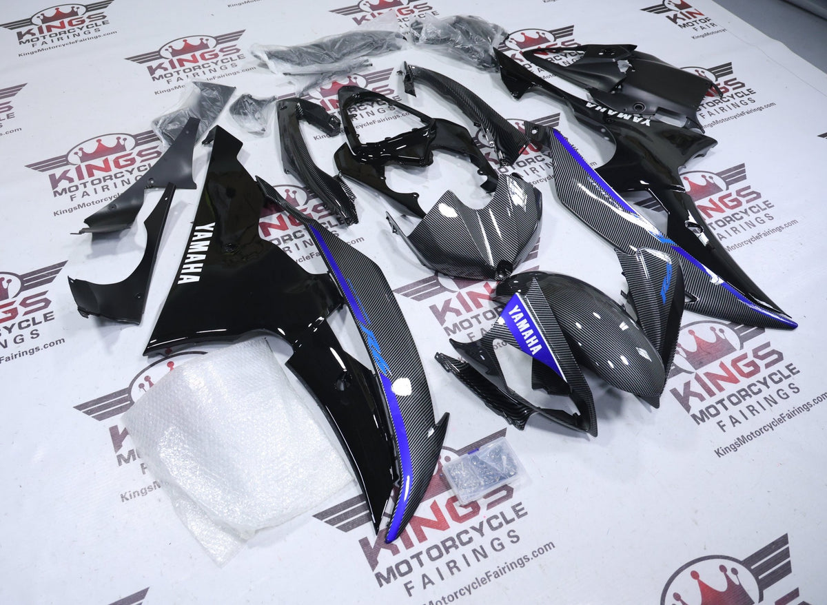 Yamaha YZF-R6 Fairings (2008-2016) Faux Carbon Fiber, Black, Blue Stripe at KingsMotorcycleFairings.com