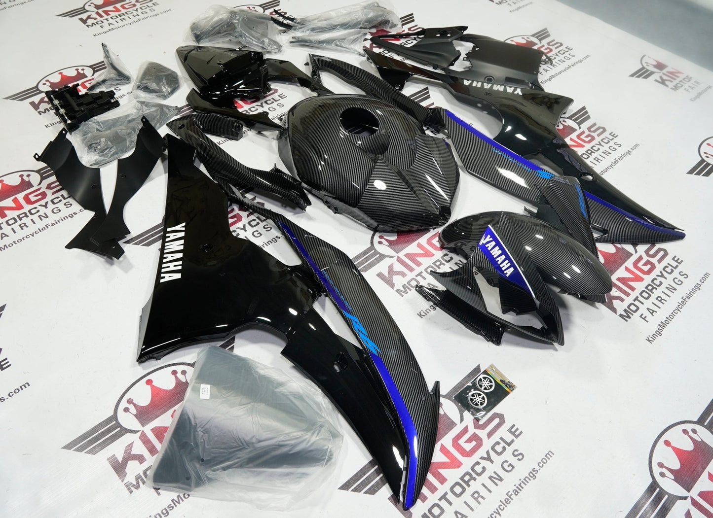 Yamaha YZF-R6 Fairings (2008-2016) Faux Carbon Fiber, Black, Blue, White at KingsMotorcycleFairings.com