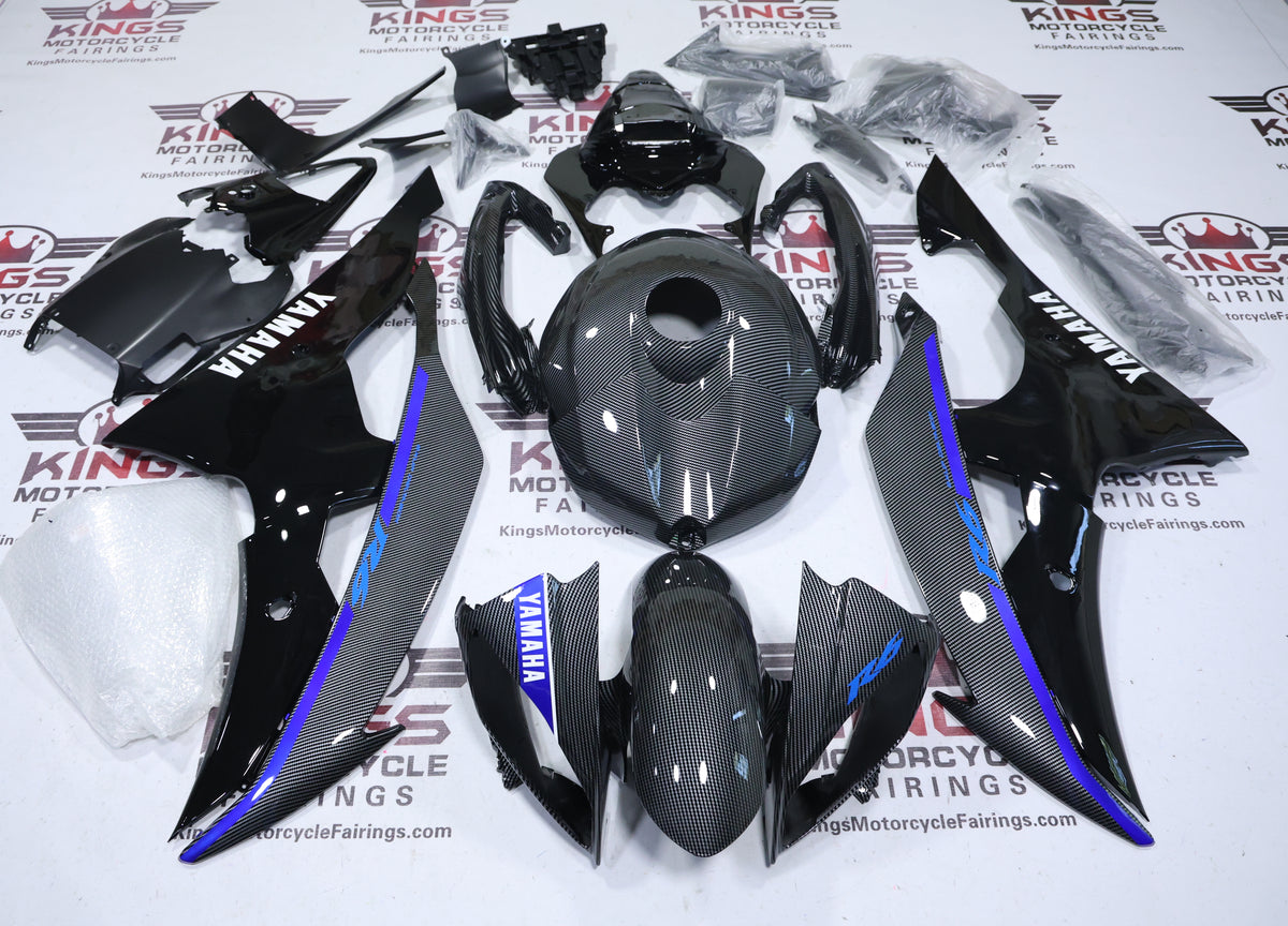 Yamaha YZF-R6 Fairings (2008-2016) Faux Carbon Fiber, Black, White, Blue at KingsMotorcycleFairings.com