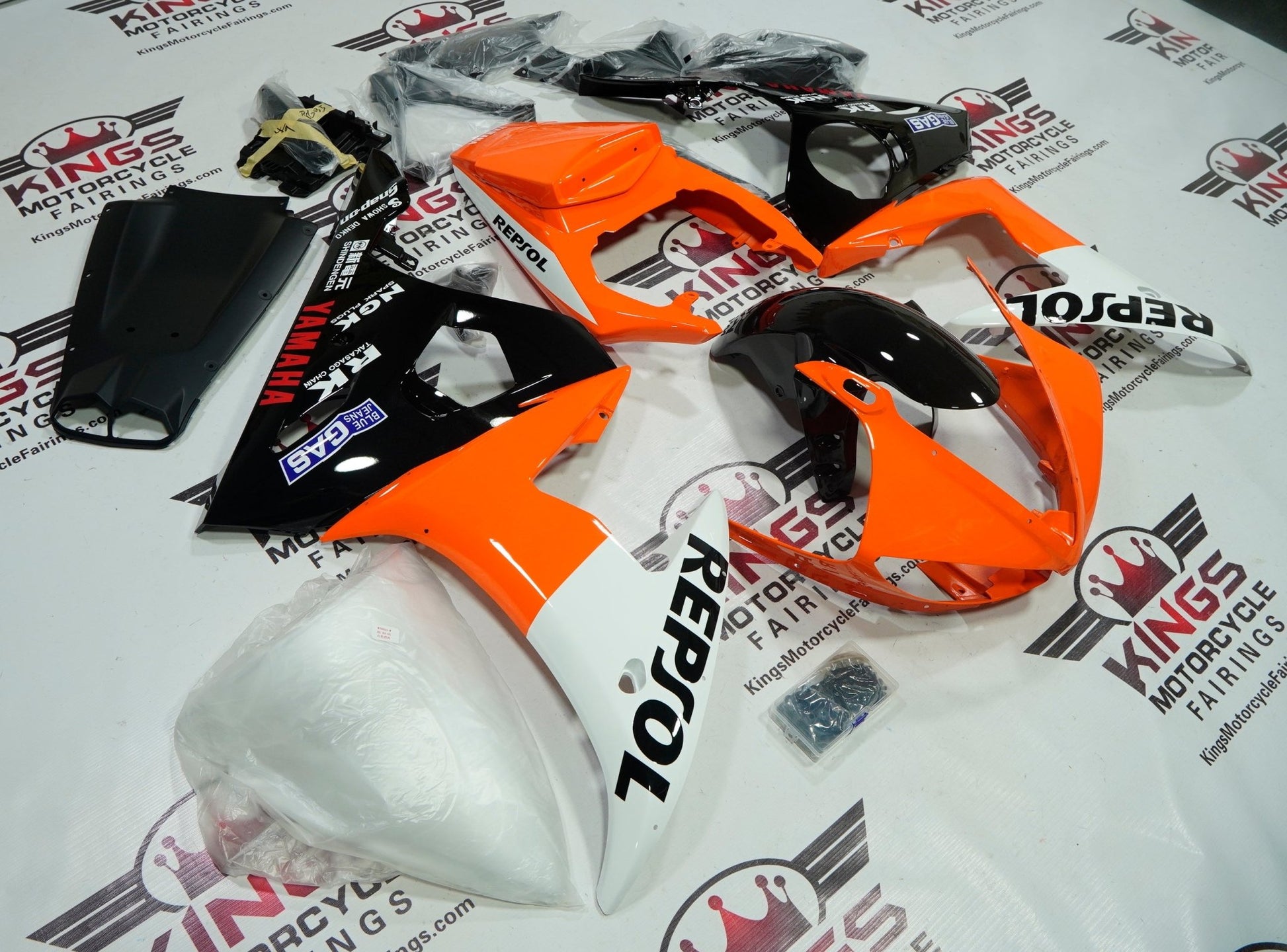 Yamaha YZF-R6 (2005) Orange, White & Black Repsol Fairings at KingsMotorcycleFairings.com