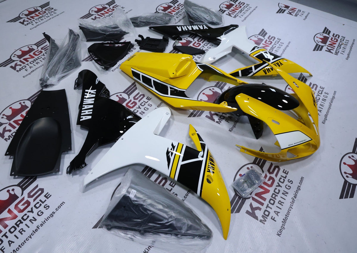 Yamaha R1 Fairings (2002-2003) Yellow, White, Black Stripe from KingsMotorcycleFairings.com