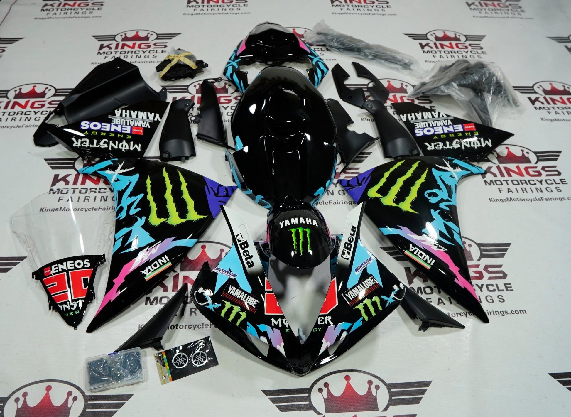Yamaha R1 Fairings (2009-2011) Black, Turquoise Blue Monster at KingsMotorcycleFairings.com