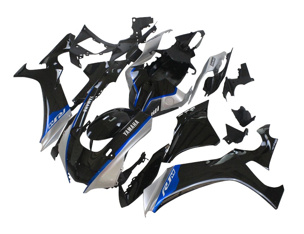 Yamaha R1 Fairings (2020-2025) Black, Silver, Blue Stripe at KingsMotorcycleFairings.com