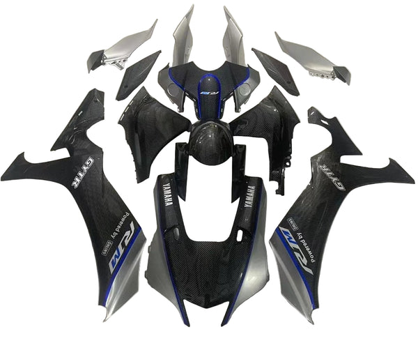 Yamaha R1 Fairings (2020-2025) Faux Carbon Fiber, Silver, Blue at KingsMotorcycleFairings.com