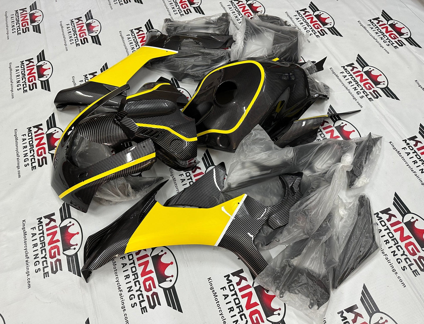 Yamaha R1 Fairings (2020-2025) Faux Carbon Fiber, Yellow, White at KingsMotorcycleFairings.com