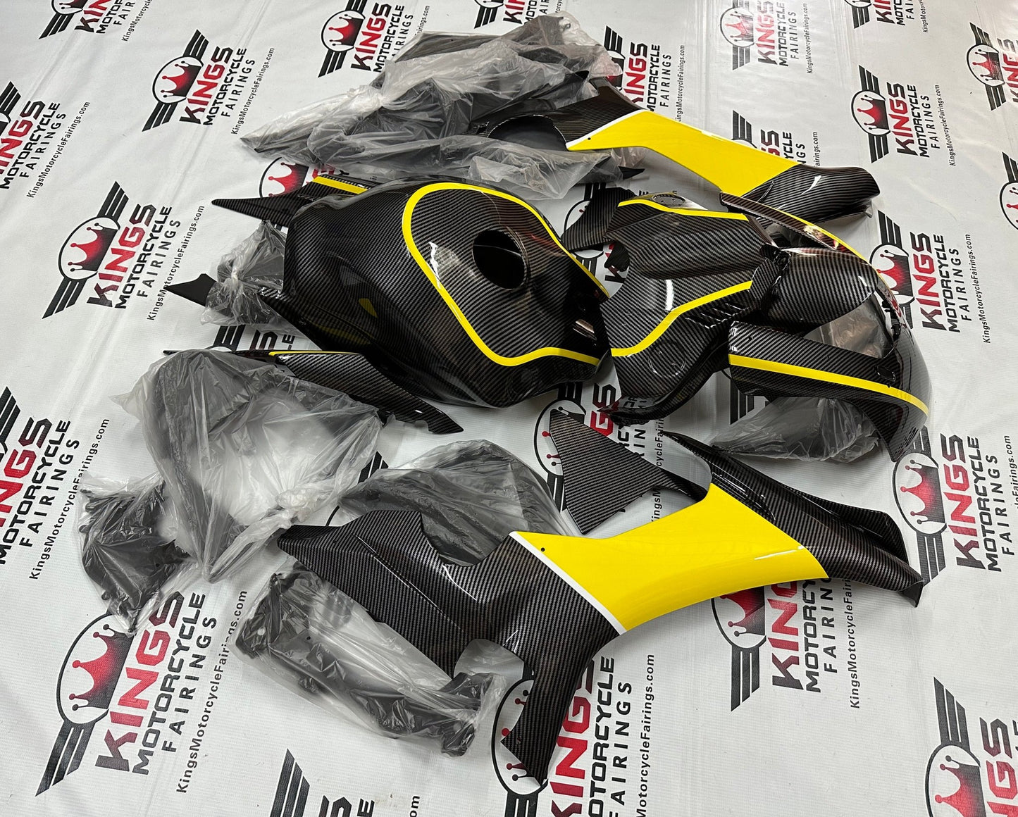 Yamaha R1 Fairings (2020-2025) Faux Carbon Fiber, Yellow, White from KingsMotorcycleFairings.com