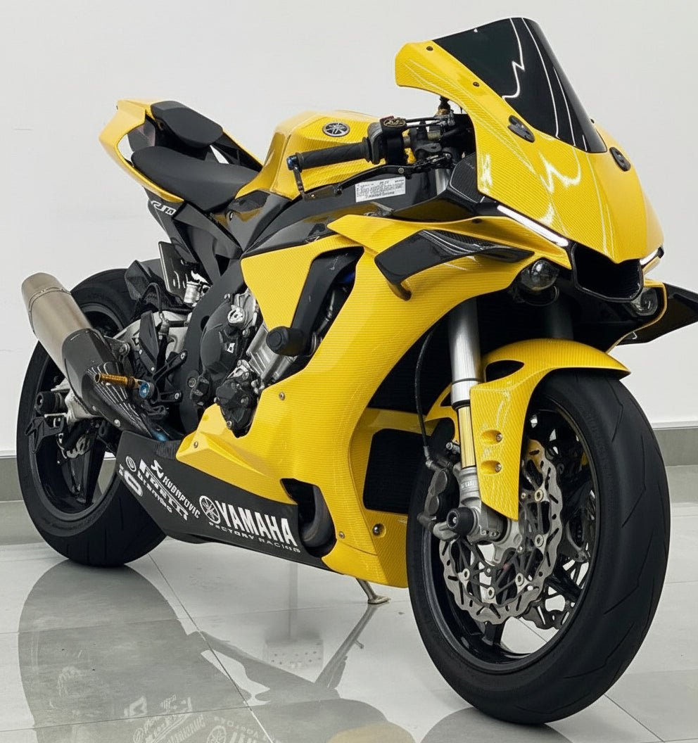 Yamaha R1 Fairings (2020-2025) Yellow Faux Carbon Fiber at KingsMotorcycleFairings.com