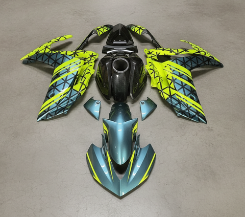 Yamaha R3 Fairing Kit (2015-2018) Teal, Neon Yellow, Faux Carbon Fiber at KingsMotorcycleFairings.com