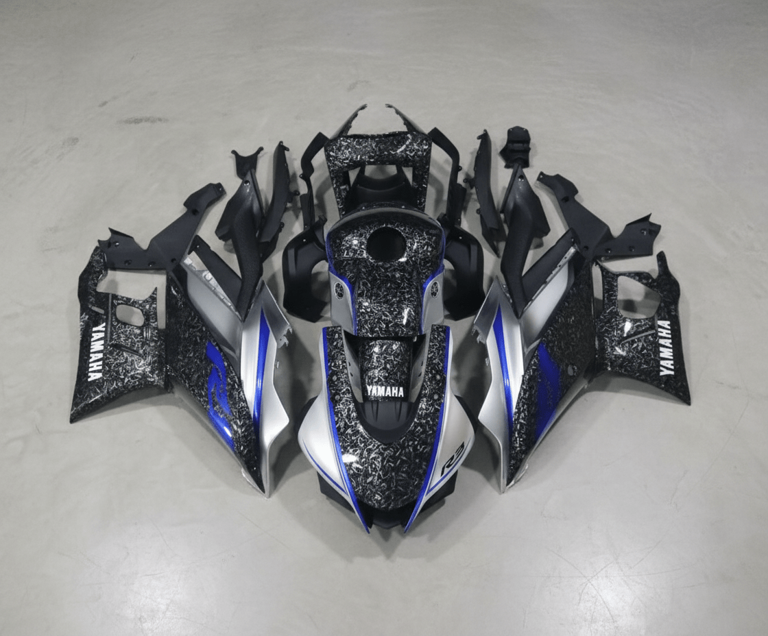 Yamaha R3 Fairing Kit (2022-2024) Forged Carbon Fiber Style, Silver, Blue, White at KingsMotorcycleFairings.com