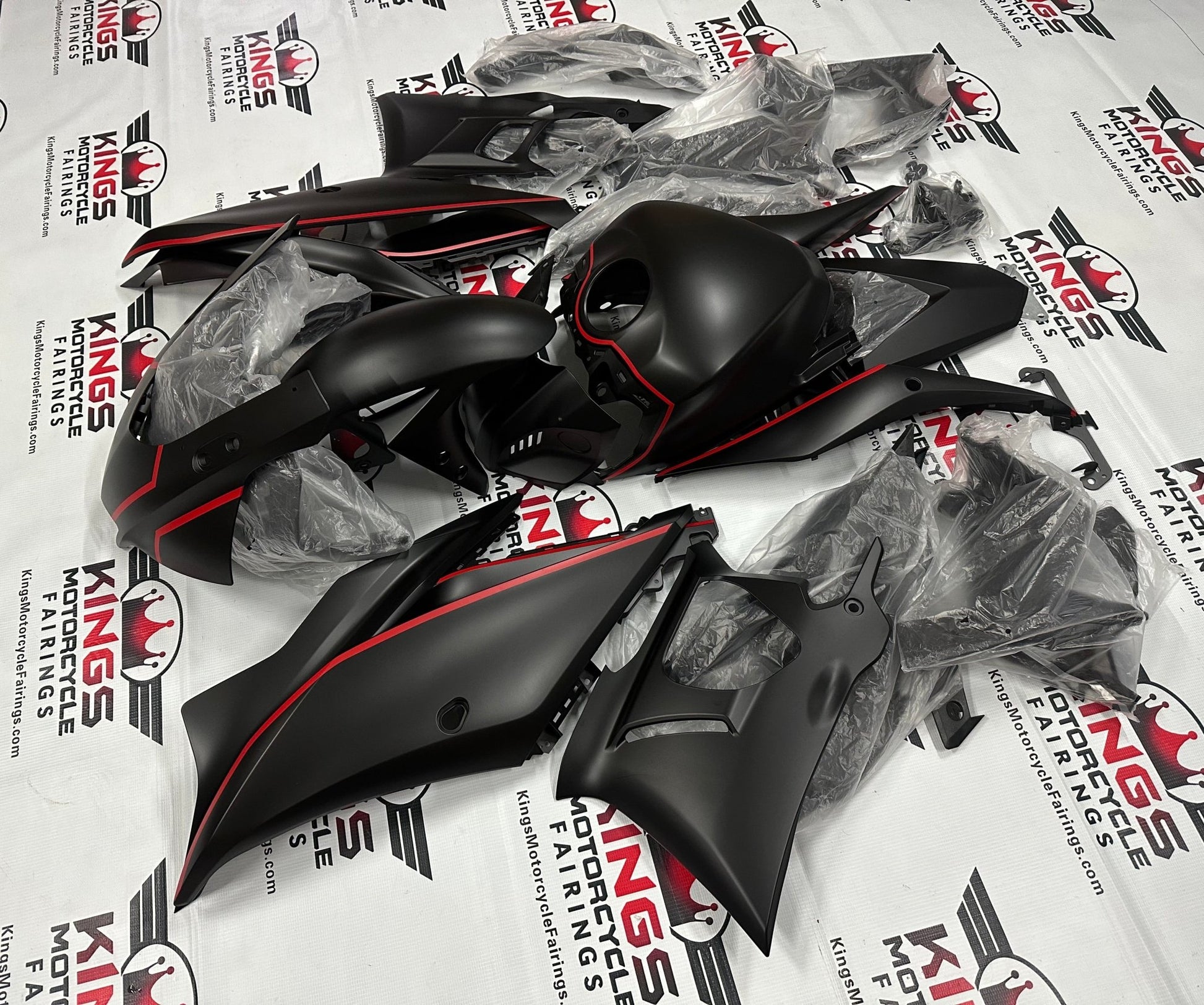 Yamaha R3 Fairing kit (2019-2021) Matte Black, Red Stripe at KingsMotorcycleFairings.com