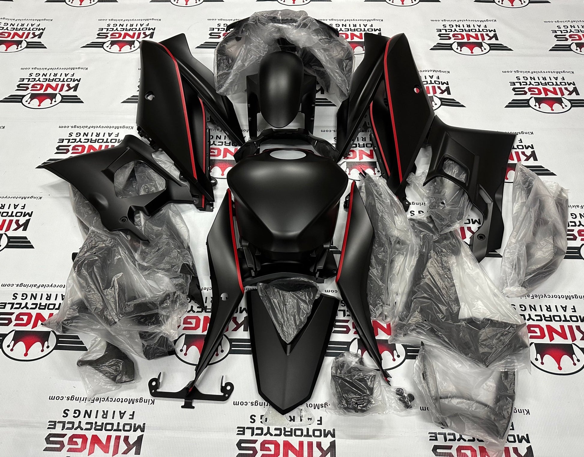 Yamaha R3 Fairing set (2019-2021) Matte Black, Red Stripe at KingsMotorcycleFairings.com