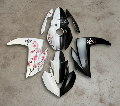 Yamaha R3 Fairings (2015-2018) Matte White, Matte Black Split Flowers at KingsMotorcycleFairings.com