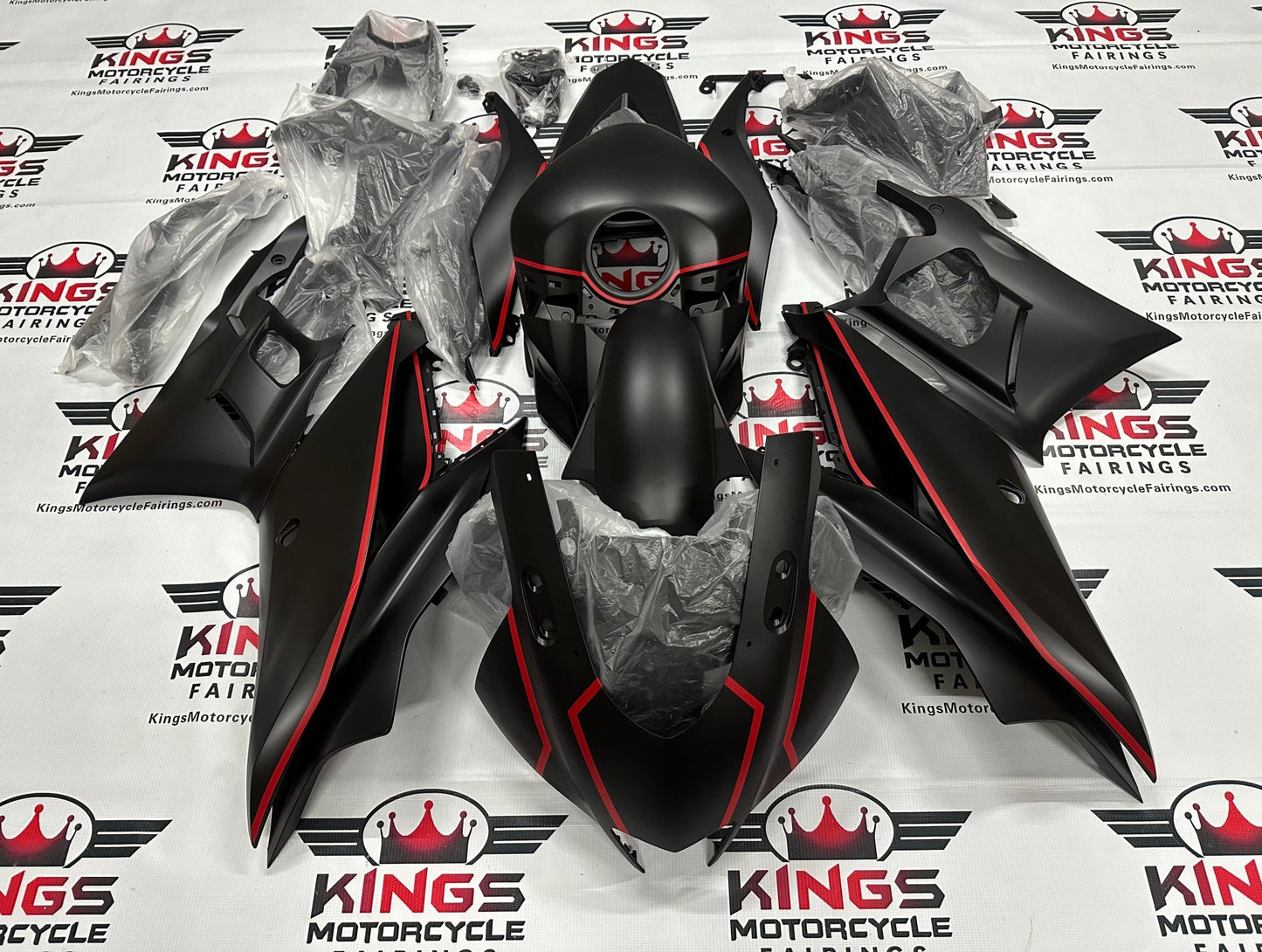 Yamaha R3 Fairings (2019-2021) Matte Black, Red Stripe at KingsMotorcycleFairings.com