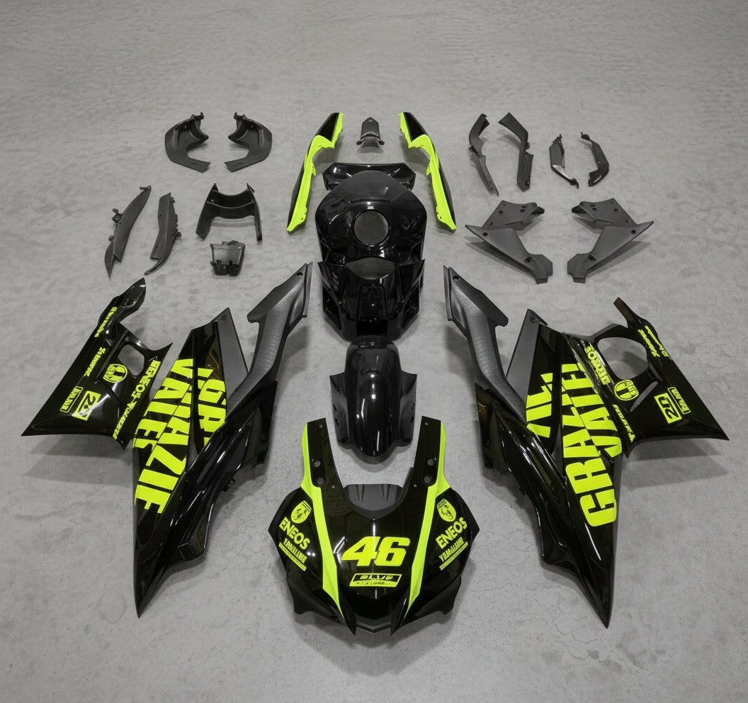 Yamaha R3 Fairings (2022-2024) Black, Neon Yellow at KingsMotorcycleFairings.com