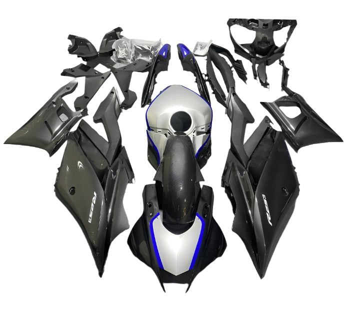 Yamaha R3 Fairings (2022-2024) Faux Carbon Fiber, Silver, Blue at KingsMotorcycleFairings.com