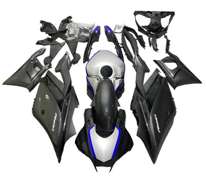 Yamaha R3 Fairings (2022-2024) Faux Carbon Fiber, Silver, Blue at KingsMotorcycleFairings.com