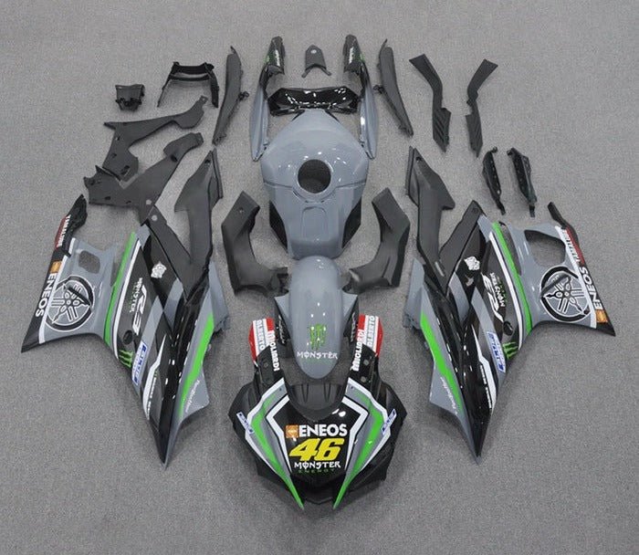 Yamaha R3 Fairings (2022-2024) Gray, Black, Green Stripes at KingsMotorcycleFairings.com