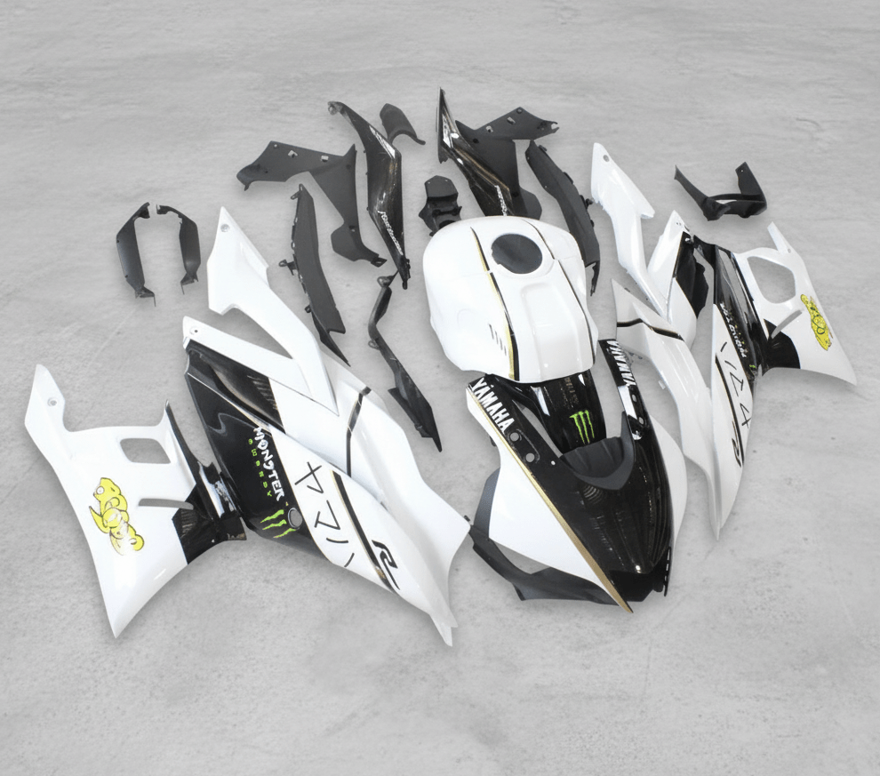 Yamaha R3 Fairings (2022-2024) White, Black, Gold Monster at KingsMotorcycleFairings.com