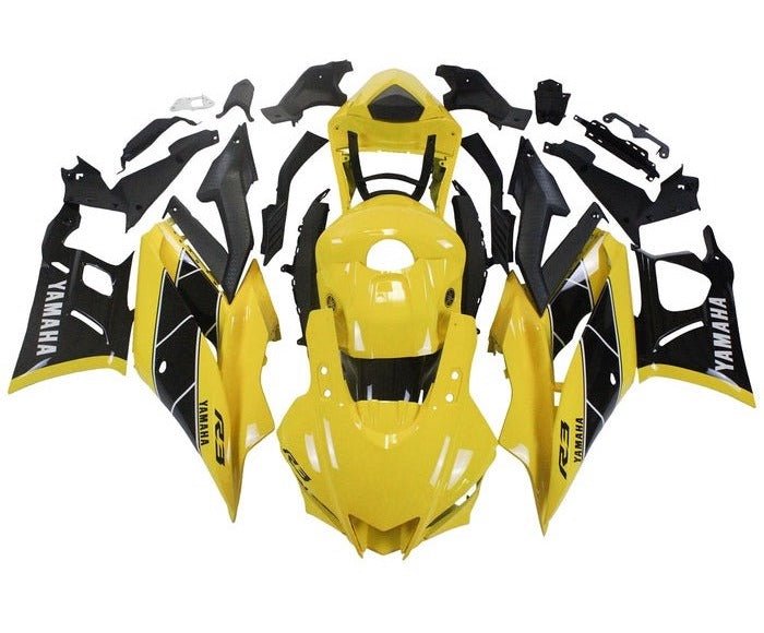 Yamaha R3 Fairings (2022-2024) Yellow, Black, White Stripes at KingsMotorcycleFairings.com